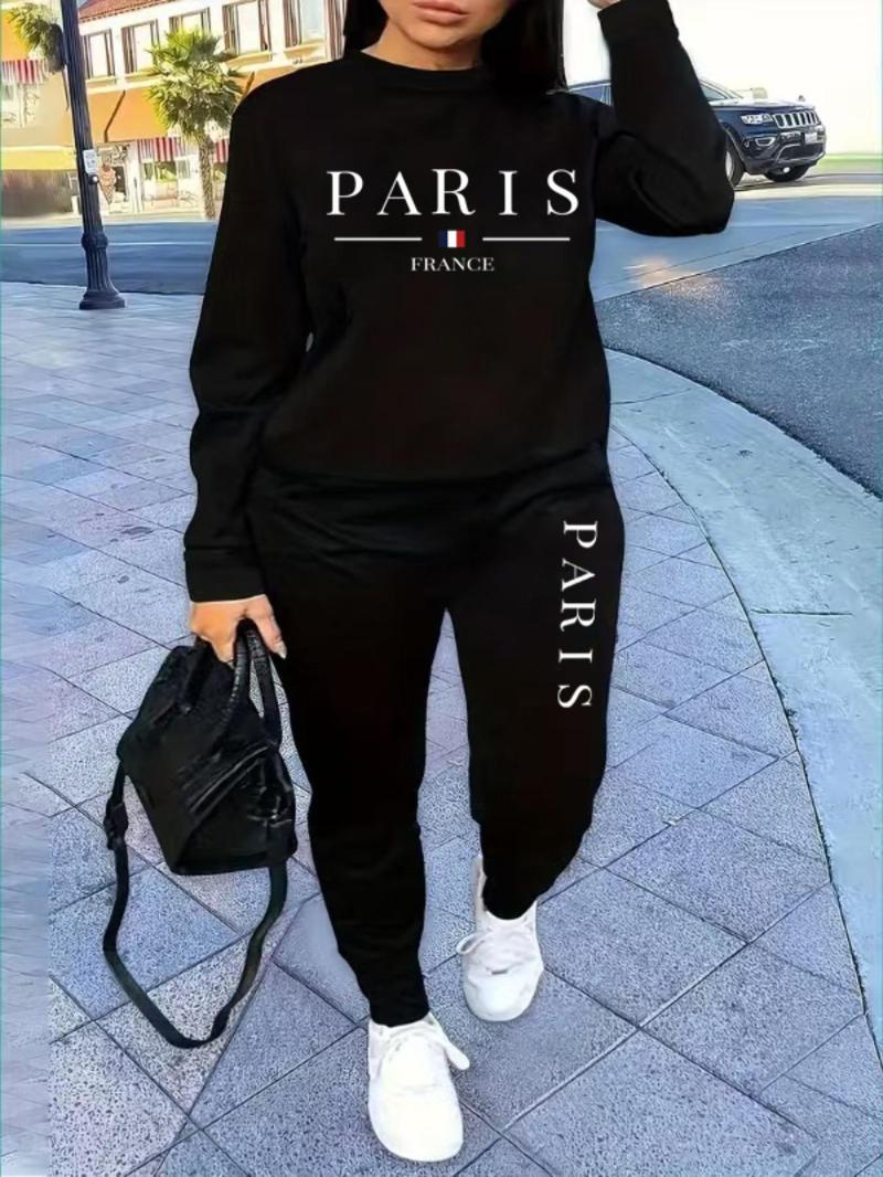 Product Introduction of 【Plus Size】 Two-piece Set Women's Letter Print Sweatshirt & Sweatpants Set, Casual Long Sleeve Pullover & Trousers, Women's Spring Clothes for Daily Wear 6