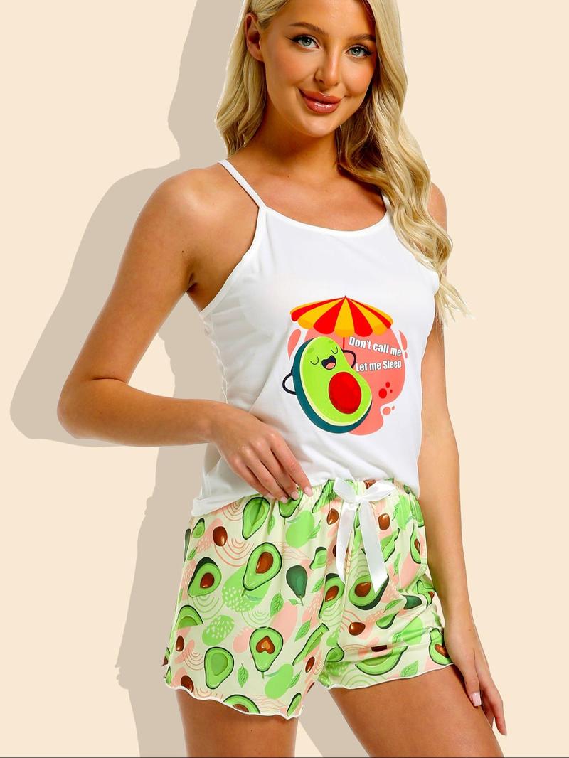 Product Introduction of Women's Avocado Print Cami Top & Shorts Pajama Two-piece Set, Casual Comfortable Loungewear Set for Women, Ladies Sleepwear for All Seasons 6