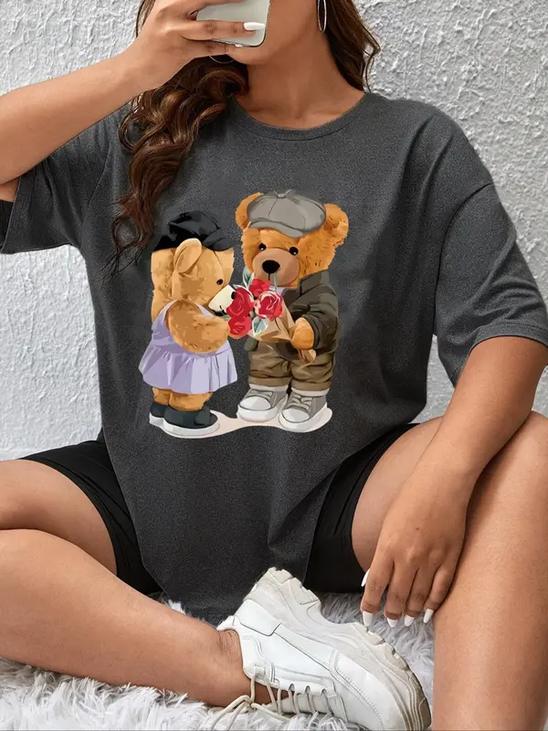 Plus Size Cartoon Bear Print Round Neck Tee, Casual Drop Shoulder Short Sleeve T-shirt, Women's Plus Size Summer Clothing for Daily Wear 4