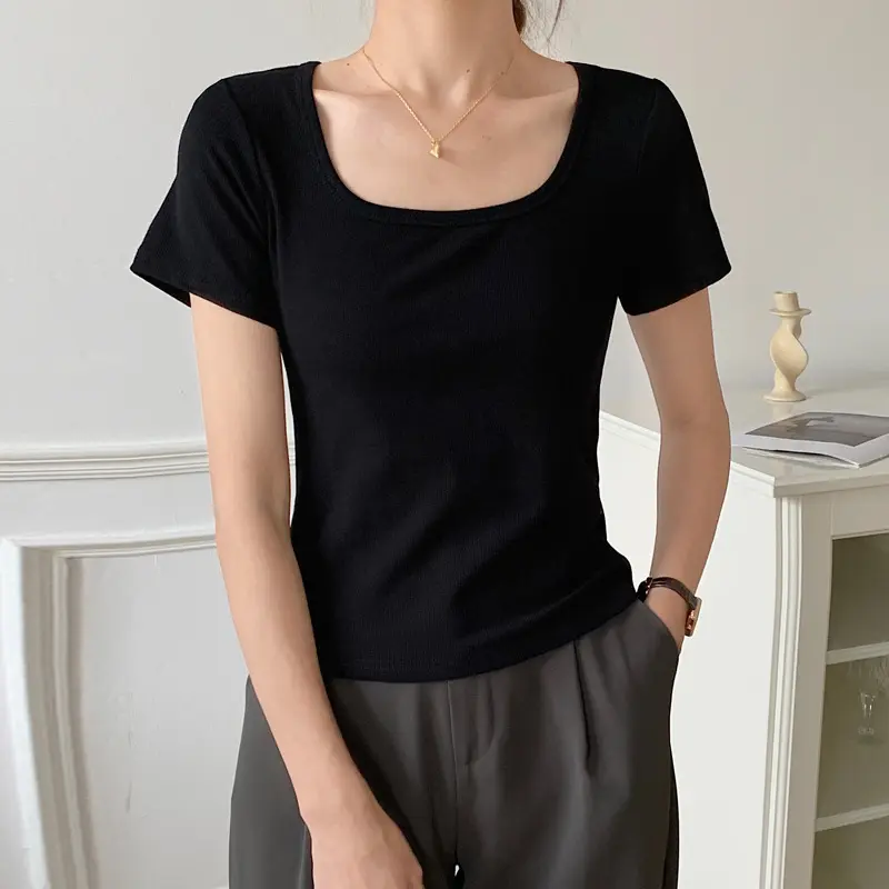 [TĂM LẠNH] Áo Cổ Vuông Croptop Tay Ngắn thun nữ  Freesize 40kg-70kg chất thun gân lạnh CC mềm mịn _ TrendTrend Store Dáng Ngắn Đen Tim Women 2