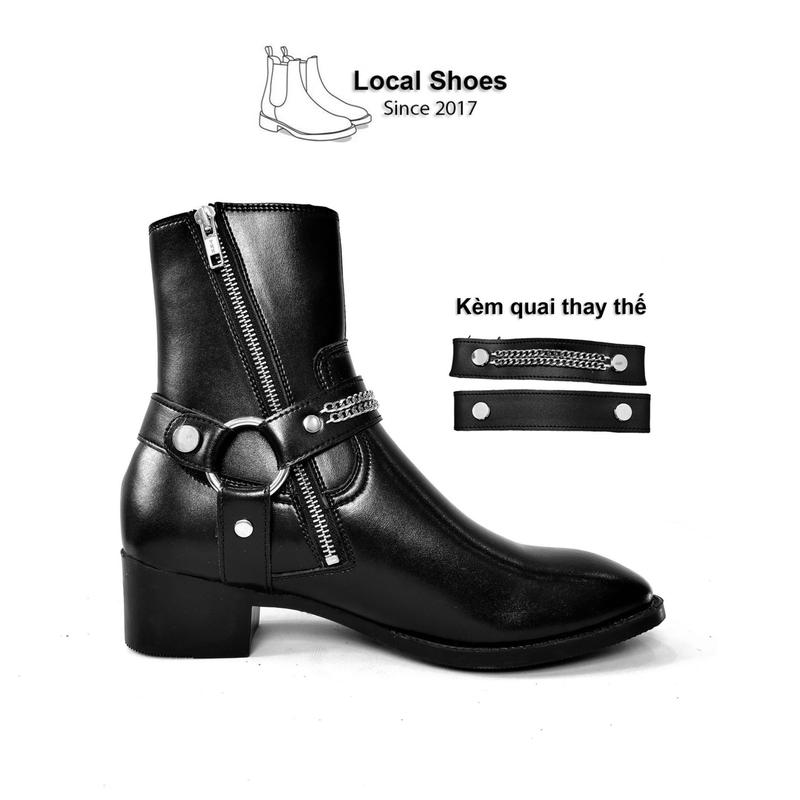 Giày Harness Boot nam đế khâu da sit nappa bóng Harness Boots Giày Nam có Quai Xích