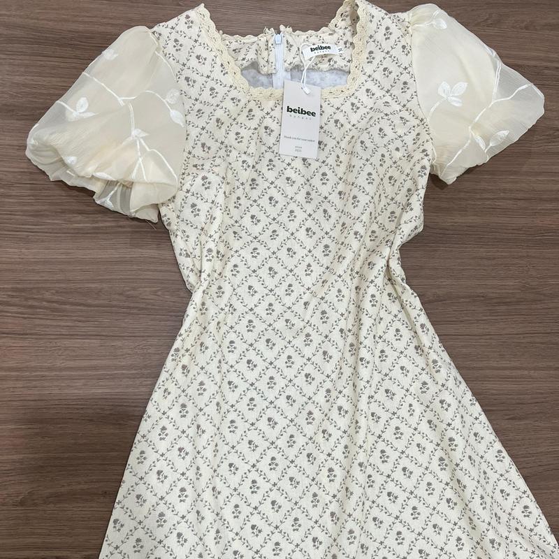 [Xả Kho] - Váy HOẠ TIẾT hoa nhí phối tay tơ bồng dáng suông dài BEIBEE.BYNGOC