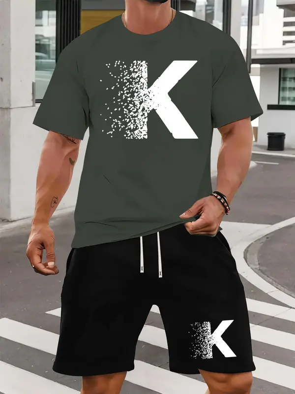 Two-piece Set Men's Letter Print Short Sleeve Tee & Shorts Set, Regular Fit Casual Round Neck T-shirt & Track Shorts, Summer Clothes Set for Men 1