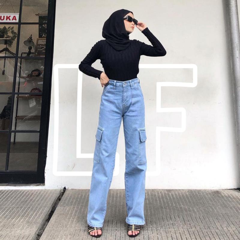 Highwaist Jeans Cargo Loose Hangover Vol.2 - Celana Cargo Jeans Premium Tebal Kekinian Wanita Panjang Cewek Denim 2