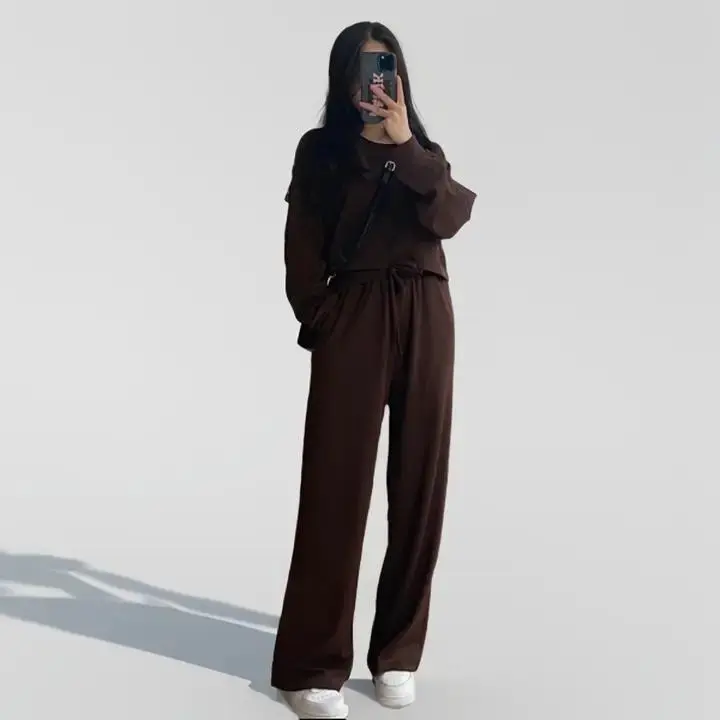 Sét bộ đồ nữ nỉ tăm áo dài tay croptop quần ống rộng siêu xinh Women