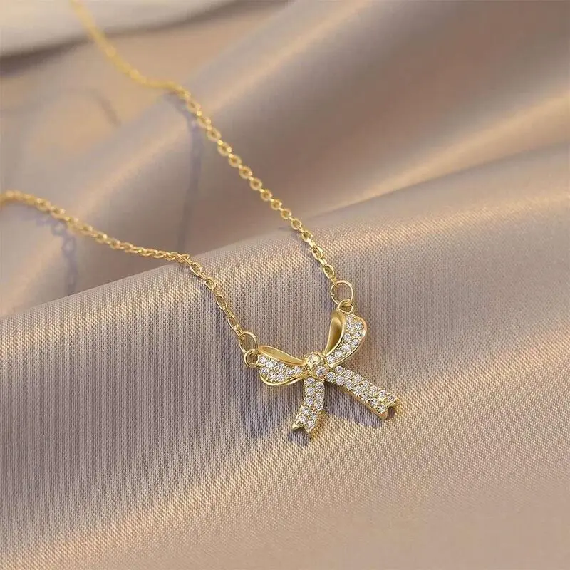 Exquisite Copper Inlaid Zirconia Bow Pendant Necklace for Women Girls Sweet Bridal Wedding Accessories