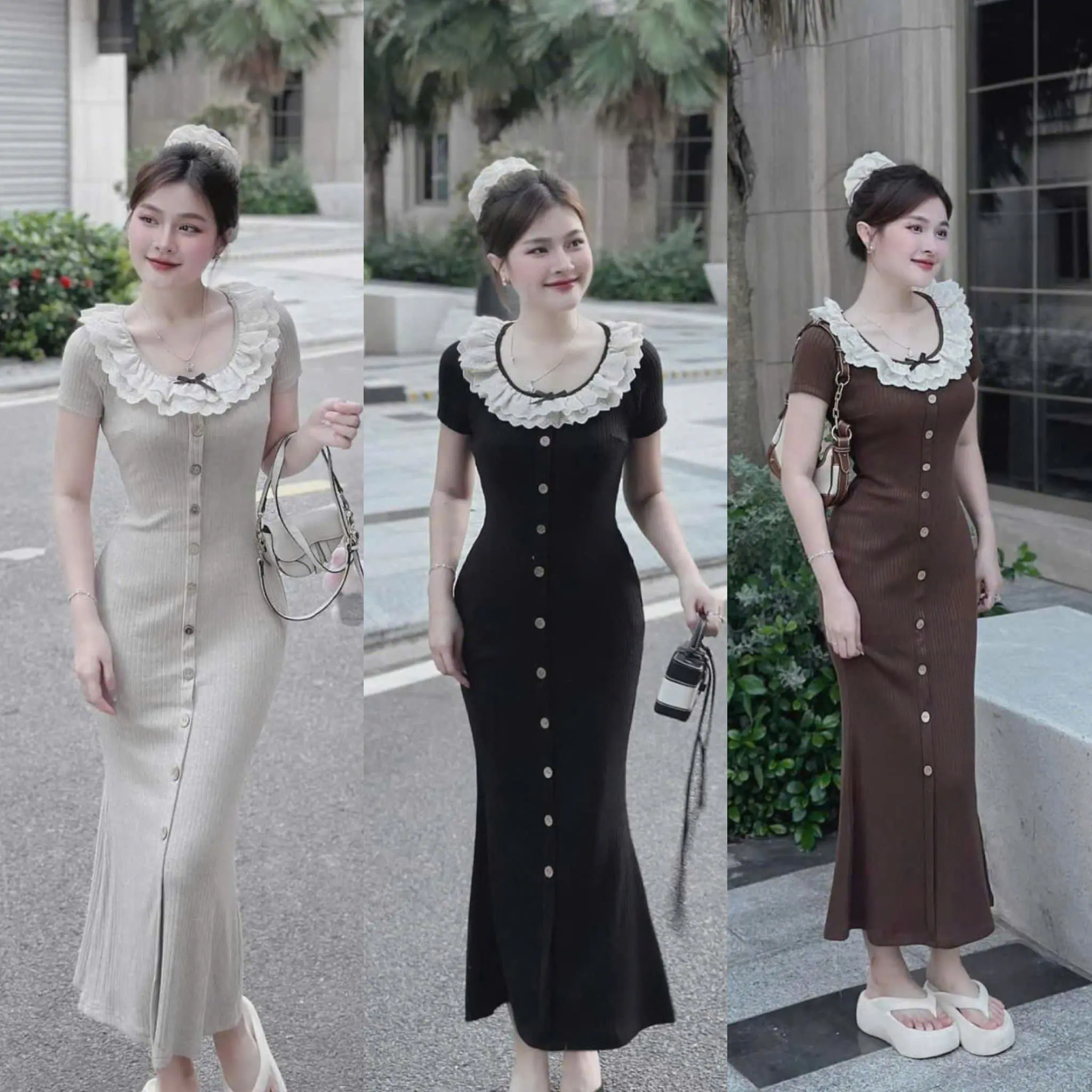 Đầm váy nữ thun gân thiết kế cổ tròn phối bèo ren ngắn tay đính nút dáng váy dài xinh xắn sang chảnh dành cho các nàng diện đi chơi. Women top