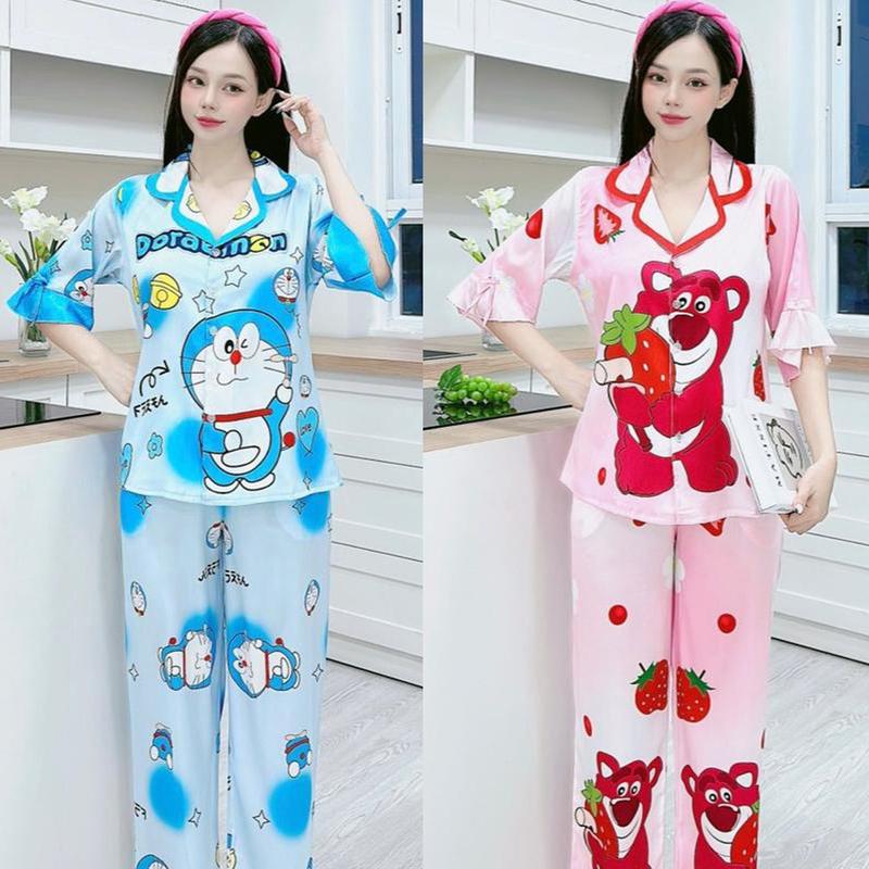 ( Có Bigsize 40-76kg ) Set Đồ Bộ Pijama Chất Lụa Xước Hàn Quốc Thoáng Mát Tay Lửng Cao Cấp Áo Nữ
