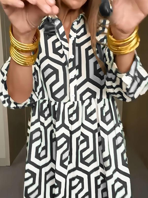 Plus Geometric Print Long Sleeve Button Front Midi Dress, Casual All Over Print Collared Button Loose Dress For Spring & Fall, Fashion Women's Dress For Daily Wear 6