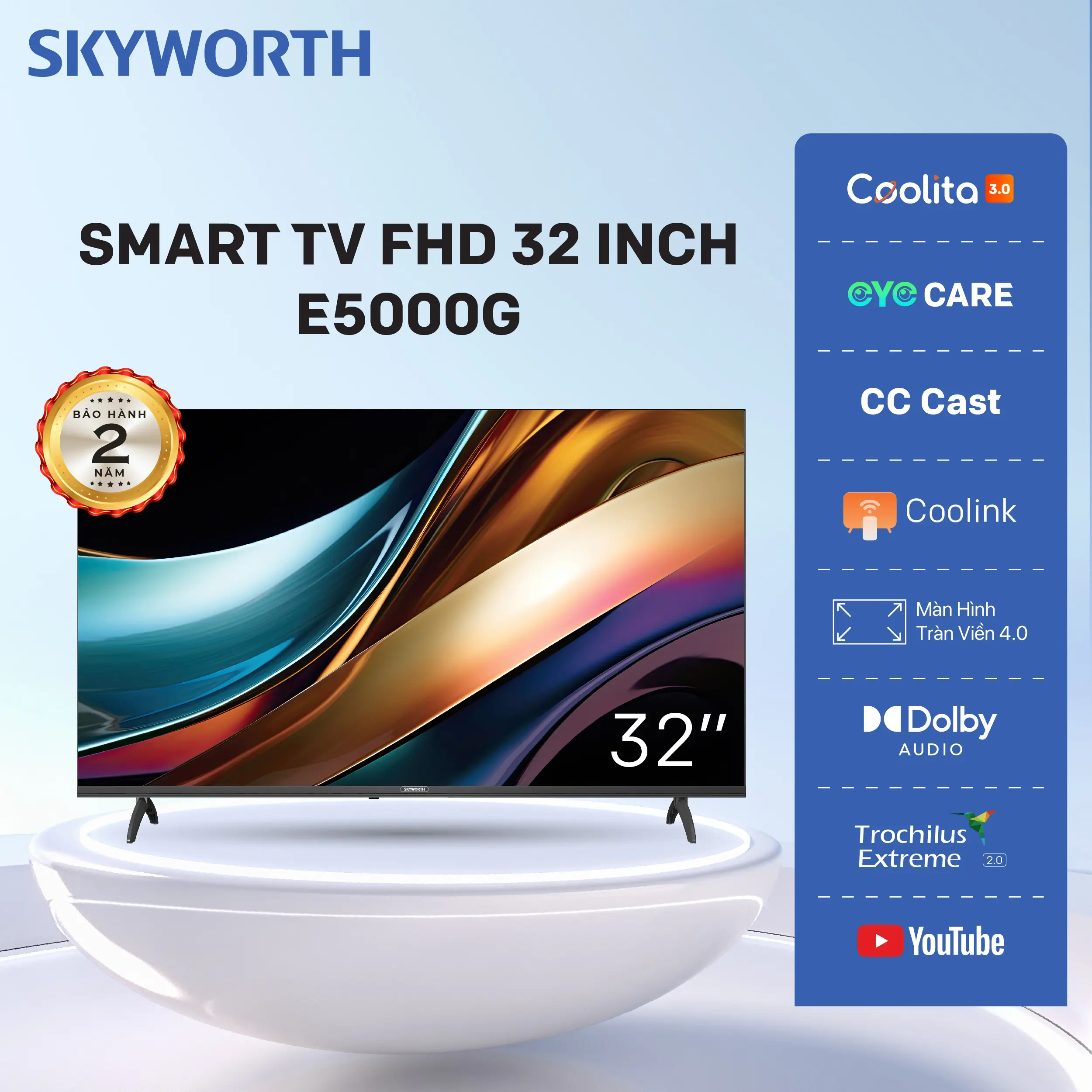 E5000G | FHD 32” Smart Coolita TV SKYWORTH - Model 32E5000G -Điều khiển tivi bằng giọng nói (Hỗ trợ qua ứng dụng Coolink từ điện thoại với hệ điều hành Android)