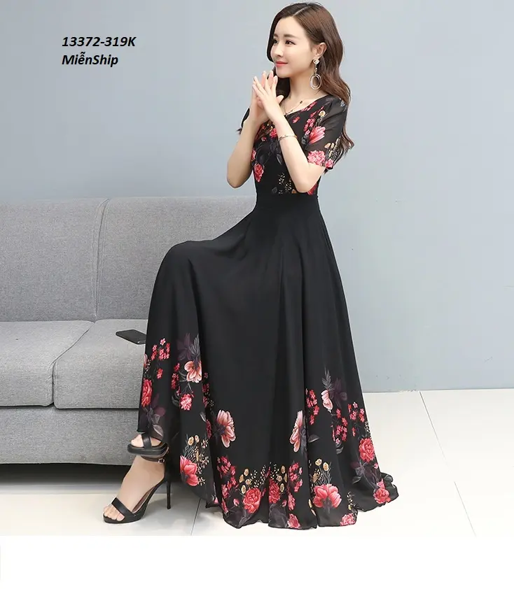 Đầm maxi tay ngắn họa tiết hoa hồng ( voan có lót )-13372