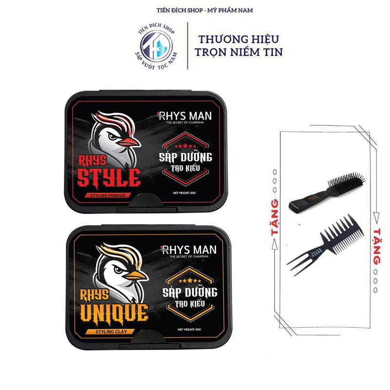  Sáp dưỡng tạo kiểu vuốt tóc RHYS MAN STYLE Styling Pomade & RHYS UNIQUE Styling Clay 50gr  100gr cao cấp + Tặng lược sấy Chaoba và Lược Texture 