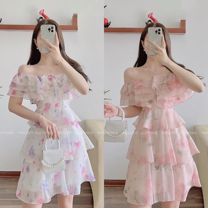 Váy hoa nhí cổ yếm bèo tầng thiết kế trễ vai sang chảnh đi biển, đi chơi chất liệu voan tơ nhẹ mát 2 màu hồng, trắng