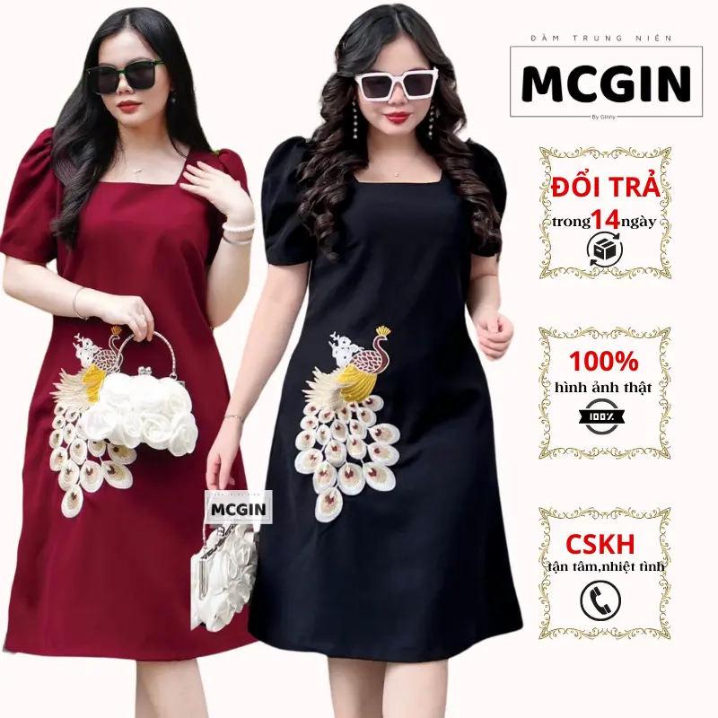 [CG011] Đầm thiết kế Bigsize MCGIN Ads tặng mẹ, đầm thêu hình con công dáng xuông A, kiểu dáng sang trọng, đầm đi tiệc cho mẹ Nữ Women vaytet