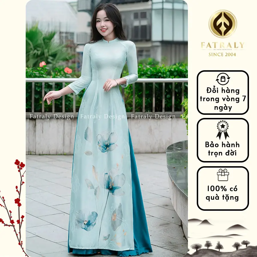 Fatraly - Áo dài nữ vải lụa gấm tơ tằm chân hoa xanh