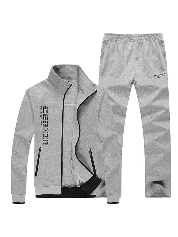 Two-Piece Set Men's Regular Fit Letter Print Zip Up Longsleeves Jacket & Elastic Waist Pants Suits Set, 2024 Casual Long Sleeve Pocket Outerwear & Straight Leg Trousers 0
