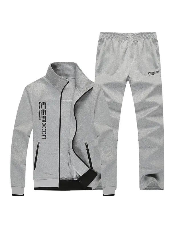 Two-Piece Set Men's Regular Fit Letter Print Zip Up Longsleeves Jacket & Elastic Waist Pants Suits Set, 2024 Casual Long Sleeve Pocket Outerwear & Straight Leg Trousers 0