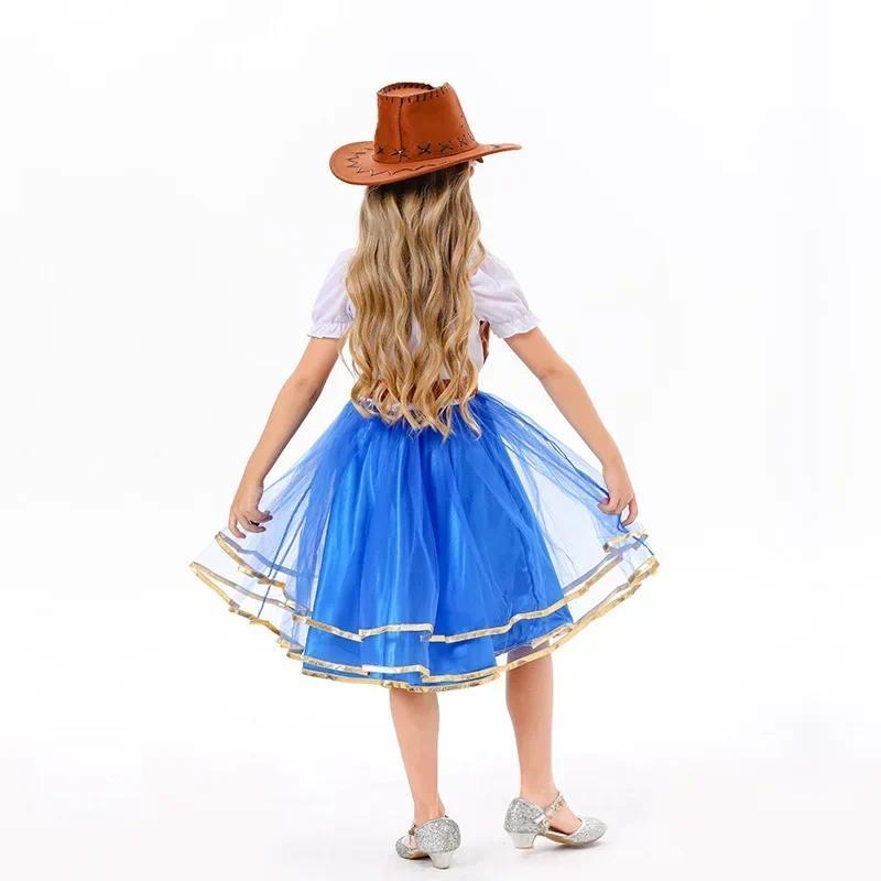Product Introduction of Halloween New  Anime Cosplay Western Cowboy Outfit Children's Holiday Party Girls Dress Costume Cowboy Hat 4