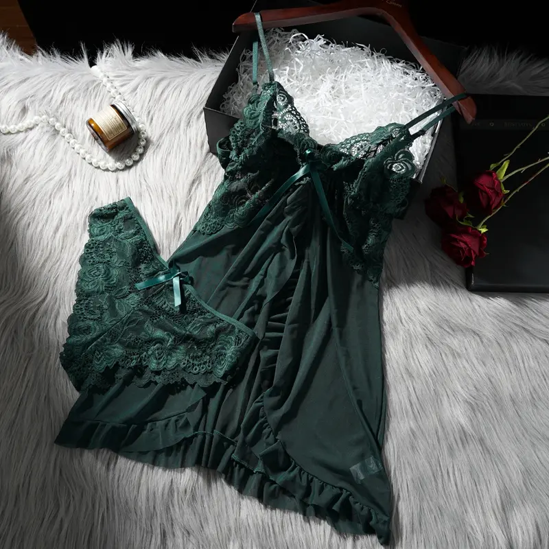 Sut Women's Transparent Sleepwear, 2 Piece Set, Stunning New Design, V  Neck, Slit Hem, Loungewear with Built-in Undergarment, Sexy Lace Pajamas