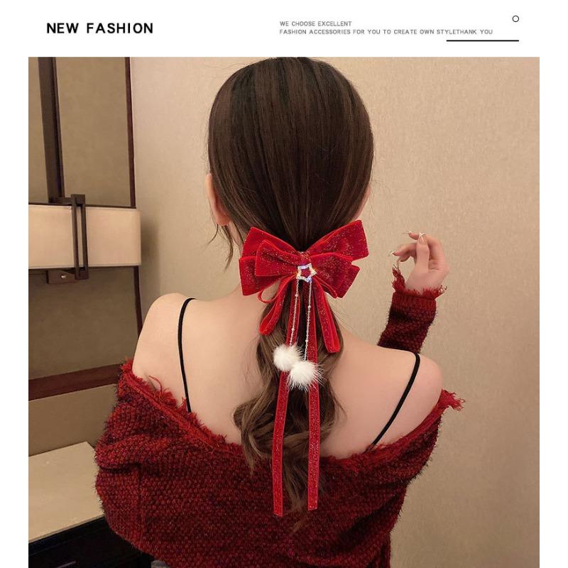 Product Introduction of Baby Costume Jewelry New Year's celebration red big bow gold velvet star hair clip hair accessory hair ball tassel headband top clip women autumn and winter 8