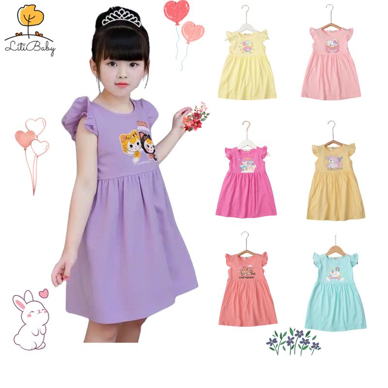 ( Mua 2 SP Tặng 1 Quần Chíp ) Váy đầm bé gái size 2-10 tuổi, (12-30kg)  đầm cotton cho bé gái, váy cánh tiên trẻ em trơn màu in hình
