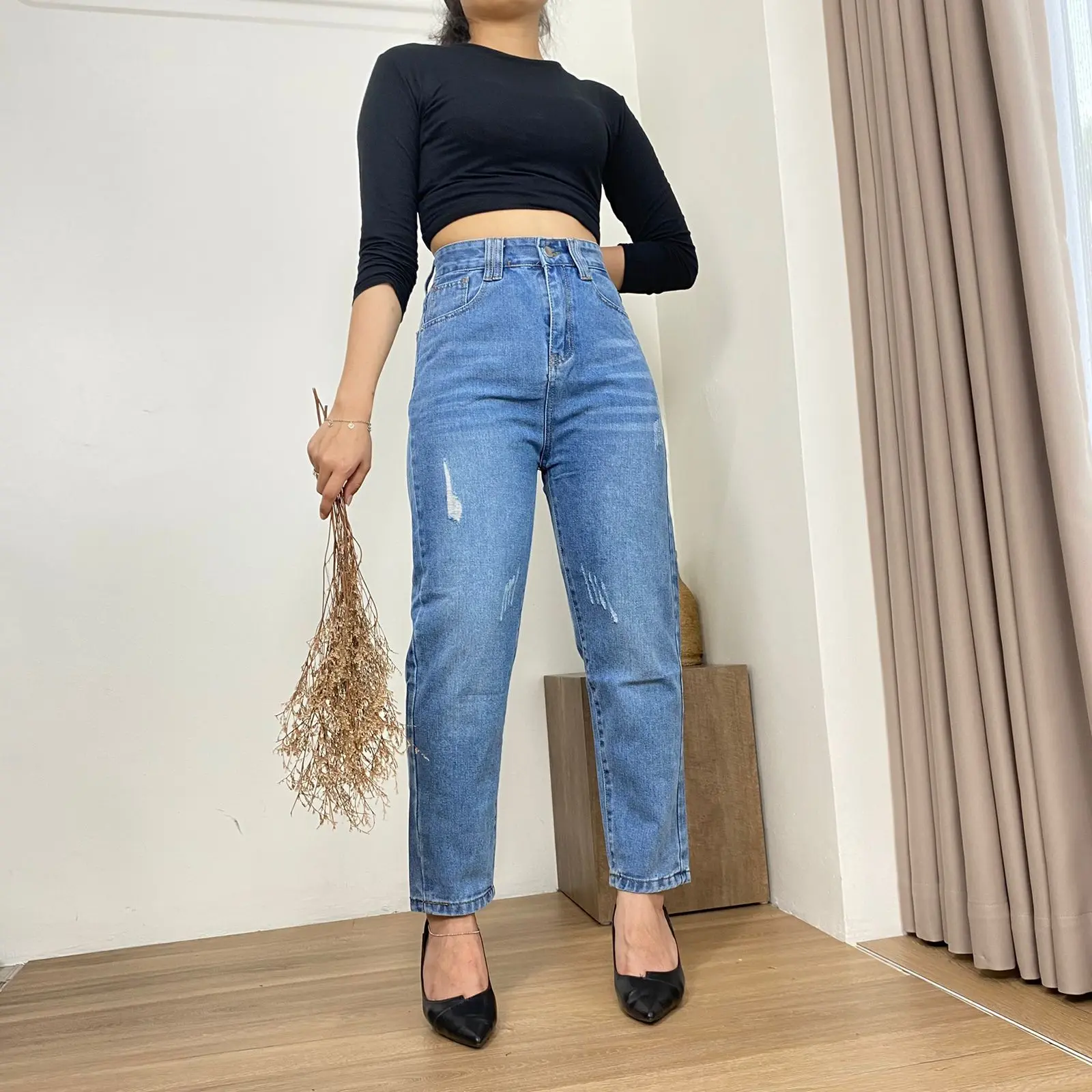 Shenel | Shelin Jeans High Waist Celana Jeans Wanita Jeans Boyfriend Highwaist Jeans  Ripped Jeans Retro Sobek Kekinian Santai Panjang jeans  premium Cewek Cutbray z