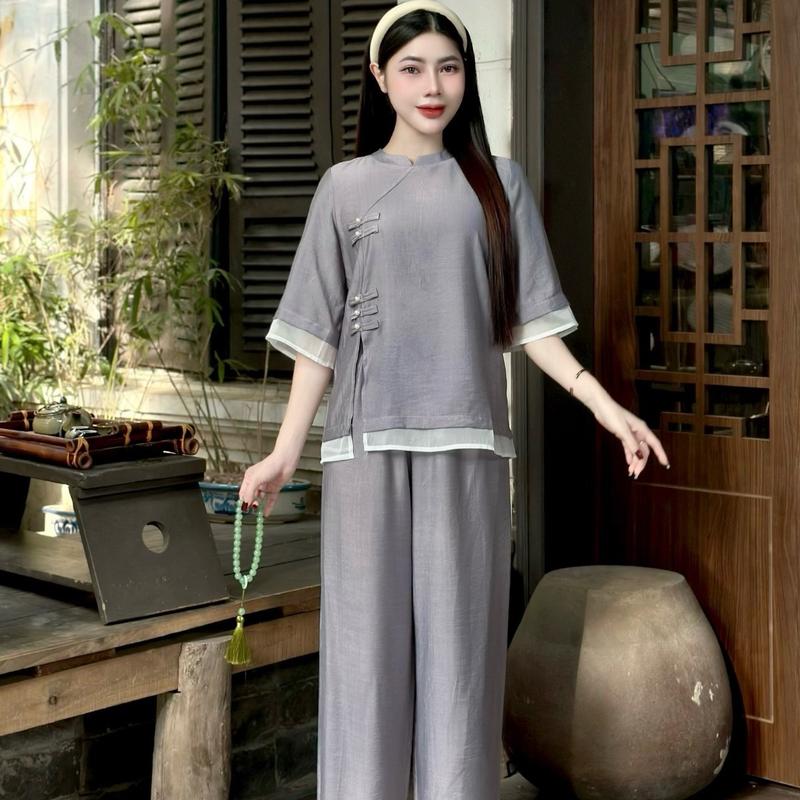 [ Diệu Mai ] Bộ đồ lam trang nghiêm Đũi Lụa 5 màu đi lễ chùa  Women Nữ Voi Jacket 2