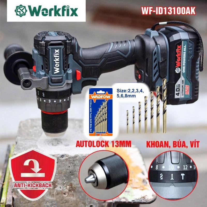 [Tặng bộ mũi khoan HSS KHOAN SẮT INOX 7PCS] Máy Khoan Pin 3 chức năng Workfix WF-ID13100AK, Lực siết 100Nm ,tính năng Antikickback, đầu 13mm, động cơ không chổi than