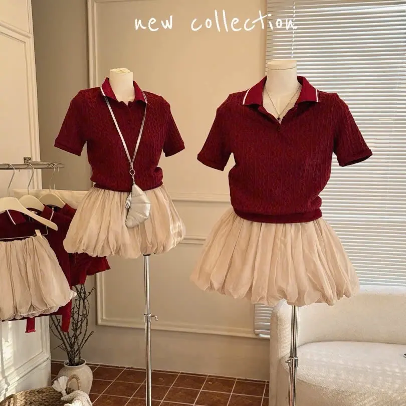 [HẾT HÀNG] SET BỘ 2 MÓN: ÁO POLO LEN + CHÂN VÁY NUDE XOÈ TÙNG BÍ