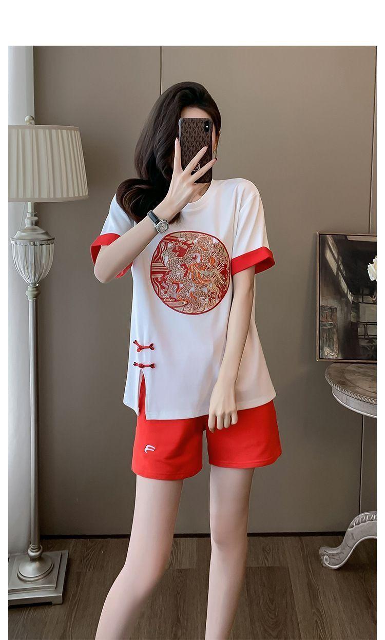 Product Introduction of New Chinese Casual Graceful Fashionable Set Women's Summer Short Sleeve Shorts Red Chinese Style Sports Popular Two-Piece Set 13