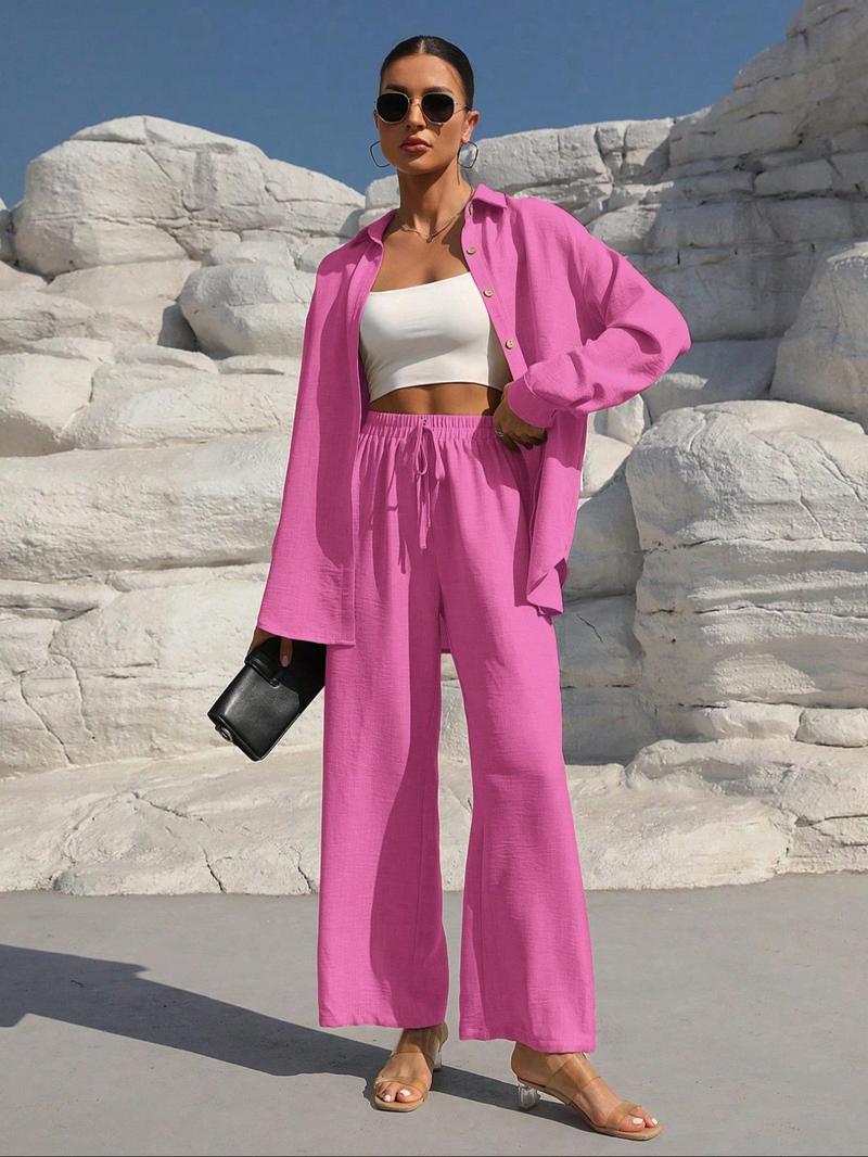 Product Introduction of WOMEN'S solid button front shirt & tie front wide leg pants two-piece set; casual drop shoulder long sleeve top & high waist settee 2 piece set for spring & Fall, WOMEN'S lounge clothes for daily wear 5