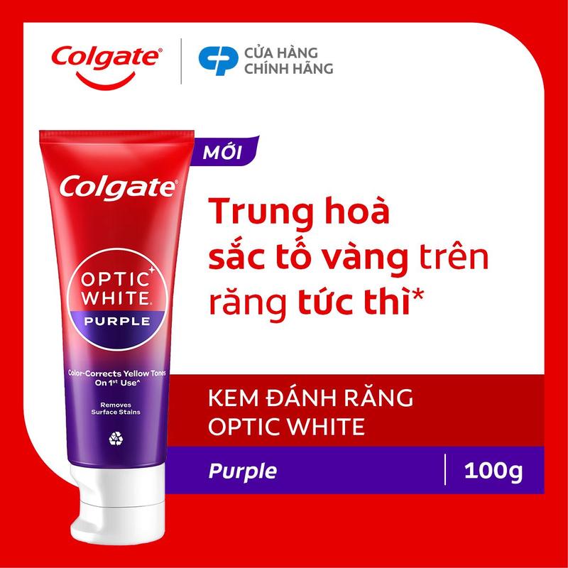 Kem Đánh Răng Colgate trắng răng Optic White Purple 100g - công nghệ sắc tím, trung hòa sắc vàng trên răng