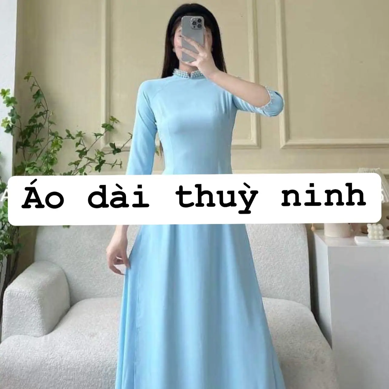 Bộ áo dài lụa mỹ cao cấp đính ngọc quần váy đen đính nơ cúc Nữ