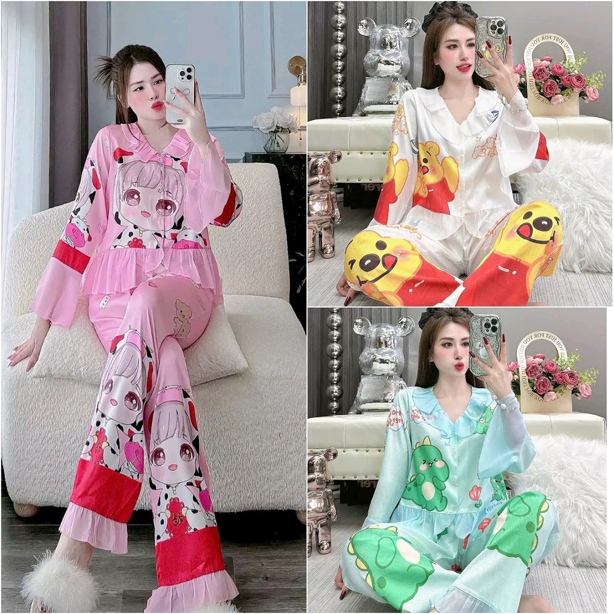 (40-60kg Tay Dài)Bộ Pijama Cổ Voan Bèo Tiểu Thư Mẫu Mới Cho Nữ, Lụa Xước- Lụa Mịn Quần Dài Có hoa Mùa hè Trơn Women Quần Ngủ Voi Ong Dài Tay