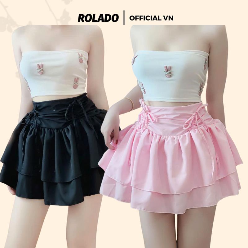 Set chân váy xòe rút lưng 2 tầng kèm áo ống đính thỏ ROLADO phong cách dễ thương, có quần trong dày dặn, bo chun lưng chắc chắn