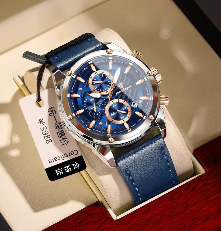 Đồng hồ nam dây da chính hãng POEDAGAR có lịch ngày, đồng hồ bấm giờ, mặt xanh dương chống nước 3ATM kính sapphire - Ví Watch Đeo Tay