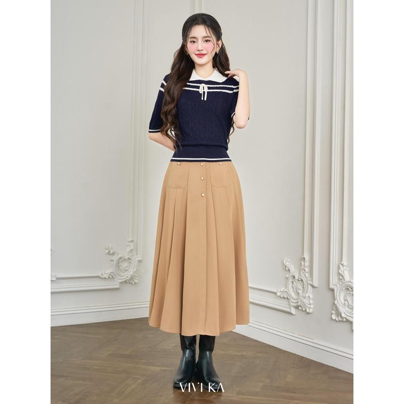 SUITS BY CHAN - Áo cổ sen phối nút, Váy dài xếp li dáng A - SCAO00045 SCCV00039 Nữ Women 5