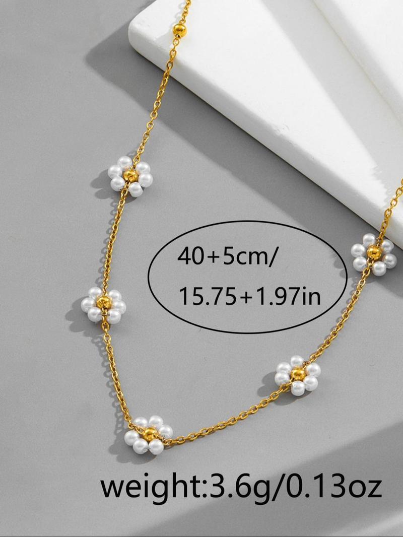 Product Introduction of Fashion Faux Pearl & Flower Decorated Necklace, Stainless Steel Jewelry for Party, Daily Decor, Trendy All-match & Exquisite Jewelry for Birthday Gift 1