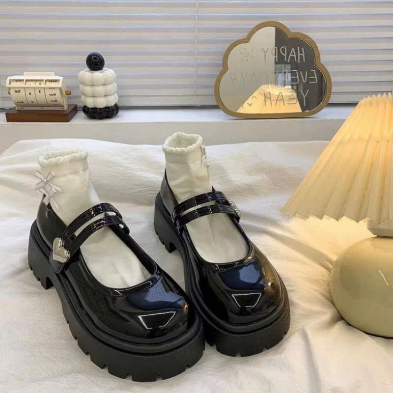 Giày lolita nữ quai dán hình tim chất da bóng mềm êm chân Shoes Jean Nhung