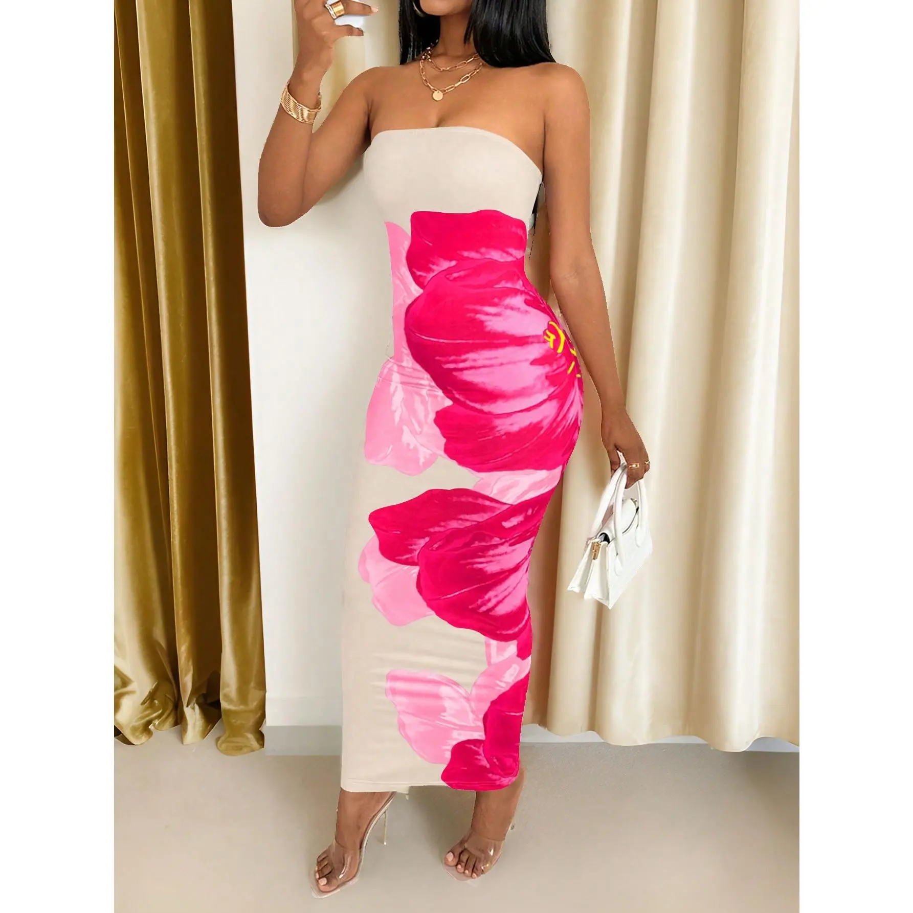 BamGleam Women's Fitted Strapless Color Blocking Floral Print Elegant Fashion Dress Maxi Women Outfit Casual Fabric