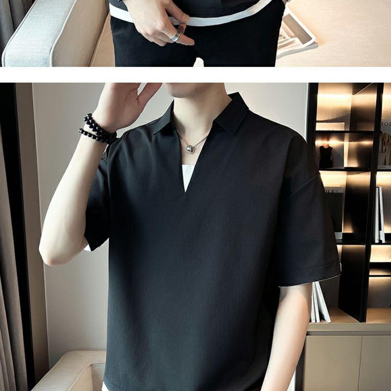 Product Introduction of 2025 Fake Two-Piece V-neck T-shirt Men's Ins Fashion Brand Short Sleeve Polo Shirt Ice Silk Half Sleeve 2023 New Summer Matching Suit 16
