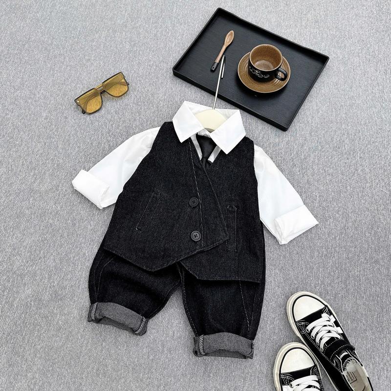Bộ ghile jean kènm áo sơ mi cổ bẻ quần kaki giặt mềm và cà vạt cho bé trai bé gái size 10-30kg cao dưới 1m30 và Chéo hàn công tử cà vạt mới