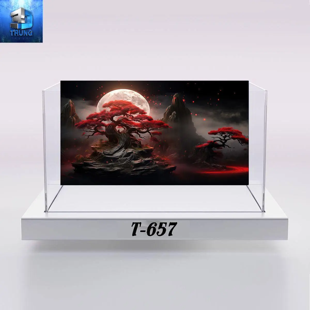 Tranh 3D trang trí hồ cá cảnh Trung3D mẫu cây đỏ, decal 3 lớp có keo sẵn in theo kích thước yc