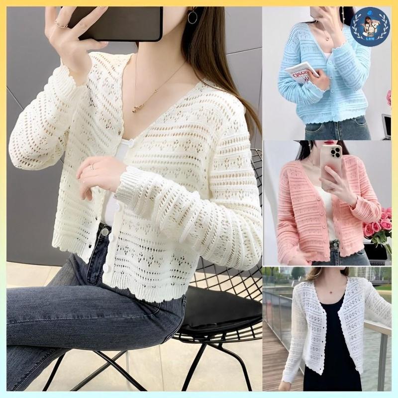 [A207] Áo khoác len LƯỚI HOA CHẤM tay dài dệt kim mỏng nhẹ đi biển Quảng Châu chống nắng - L2M (Top tingoan women Nhung ) 【 hoa hồng  