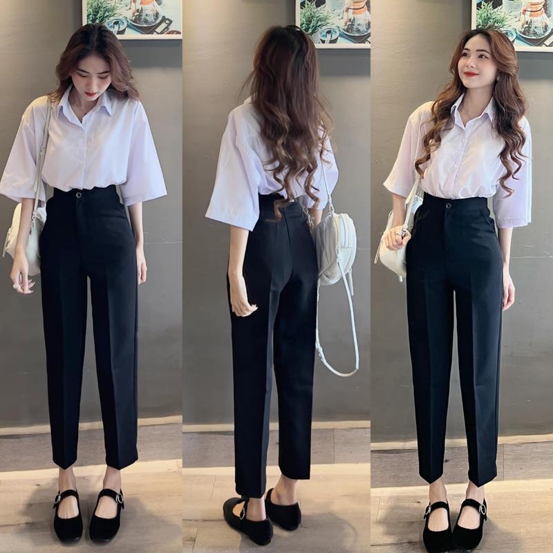 Quần Tây Nữ Lưng Cao Ống Đứng Dáng Dài Có Đai Co Dãn Nhẹ 1 Khuy Chất Vải Mềm Đen Quần Vải Baggy Nữ Cạp Cao Đi Học Sinh Đi Học Ong Pants Women Kem 0