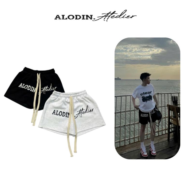 DEAL MỞ BÁN ALODIN.atedier | Quần short nỉ 2 da In Lụa chữ sước cao cấp 2 lớp lót lưới form trên gối Nam Nữ Menswear