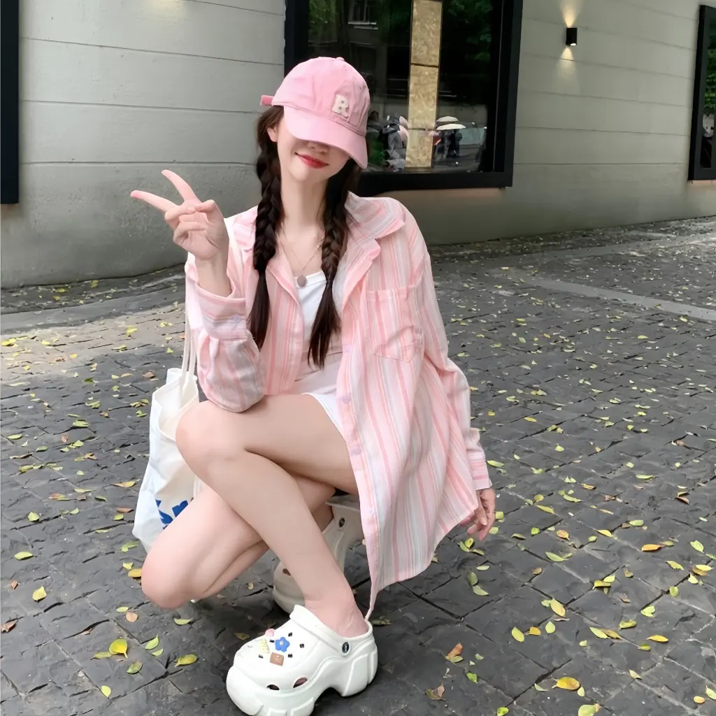 [  QIHO ] Áo kiểu nữ sơ mi dài tay kẻ sọc chất đũi 2 màu xinh pastel Qiho Women Shirt Top Kem | BigBuy360 - bigbuy360.vn