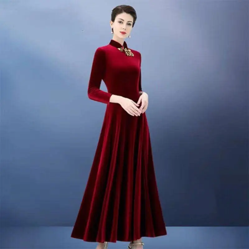 Váy Pleuche, Dài Tay, Phong Cách Mùa Xuân Và Mùa Thu, Ngoại Cỡ, Dành Cho Phụ Nữ, Phong Cách Thanh Lịch Và Dân Tộc, Dáng Rộng Rãi Và Bó Sát, Che Bụng, Váy Dài, Hàng Mới Về