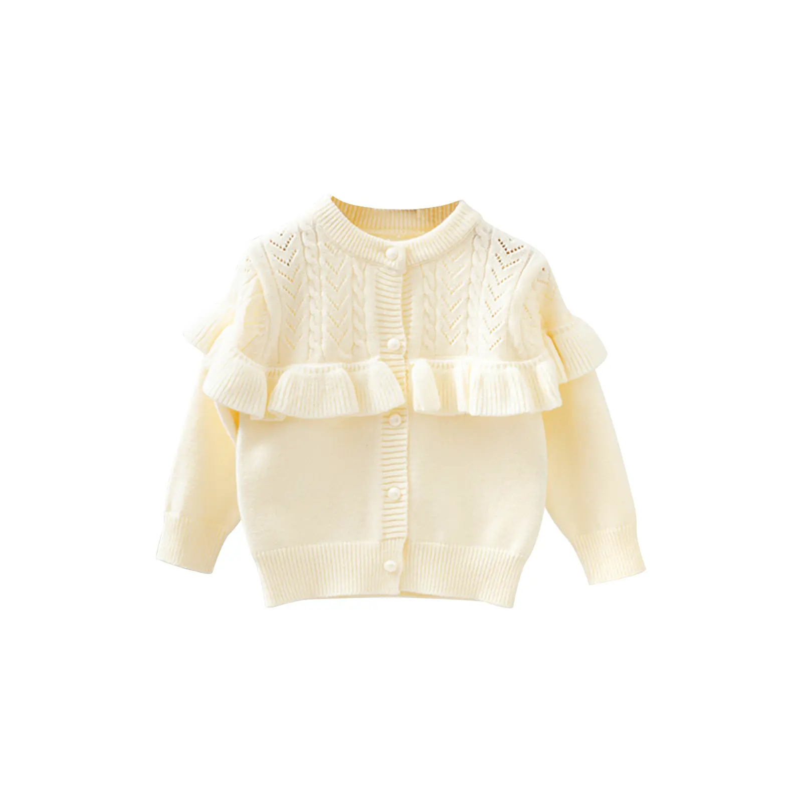 Toddler Girl Fall Knit Cardigan Solid Color Ruffled Long Sleeve Crew Neck Button Down Sweater Jacket