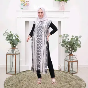 Long Vest Outer Wanita Muslim Hitam Putih Tenun Etnik Baju oter Muslimah Rompi Panjang Tanpa Lengan